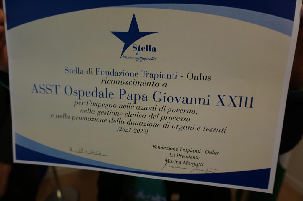 Il diploma Stella Trapianti 